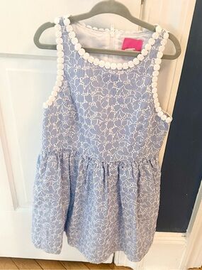 Lilly Pulitzer Mini Tori Blue and White Girls Eyelit Dress Size 7